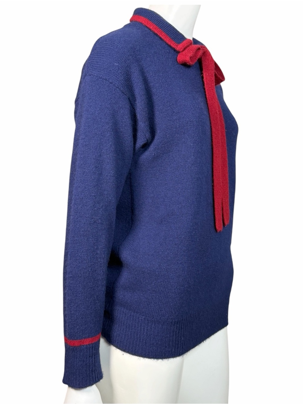 Vintage Neiman Marcus Sweater Navy Red Bow Collar Knit Soft Luxury S - Picture 2 of 8